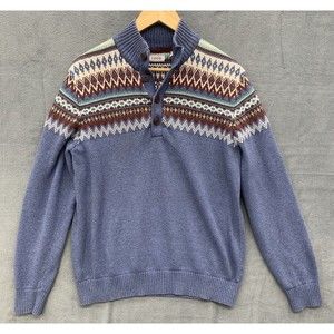 IZOD Sweater Mens Large Blue Fairisle 1/4 Button Up Long Sleeve Mock Neck Preppy